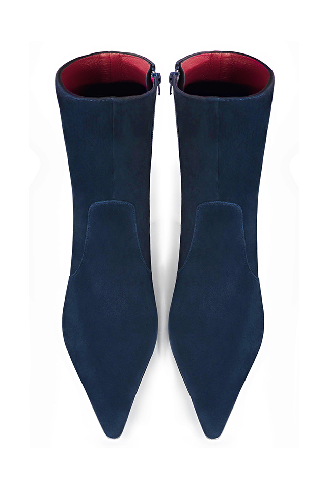 Navy blue women's ankle boots with a zip on the inside. Pointed toe. High slim heel. Top view - Florence KOOIJMAN